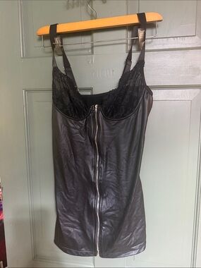 Black Lace-Trim Faux Leather Slip Dress with Front Zip